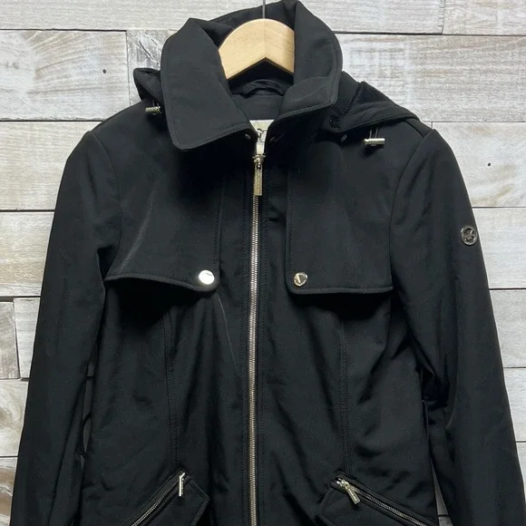Michael Kors Trench Coat Womens Small Black Hooded Full Zip MK Logo Lined - Picture 2 of 15